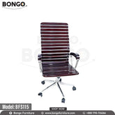 A brown office chair with a stainless steel body and solid wood seat, featuring a chrome base and nylon wheels.